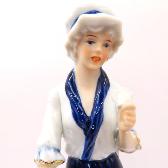 Vintage Porcelain Flower Girl Statuette Blue and White Figurine Cottage Core - Picture 2 of 11